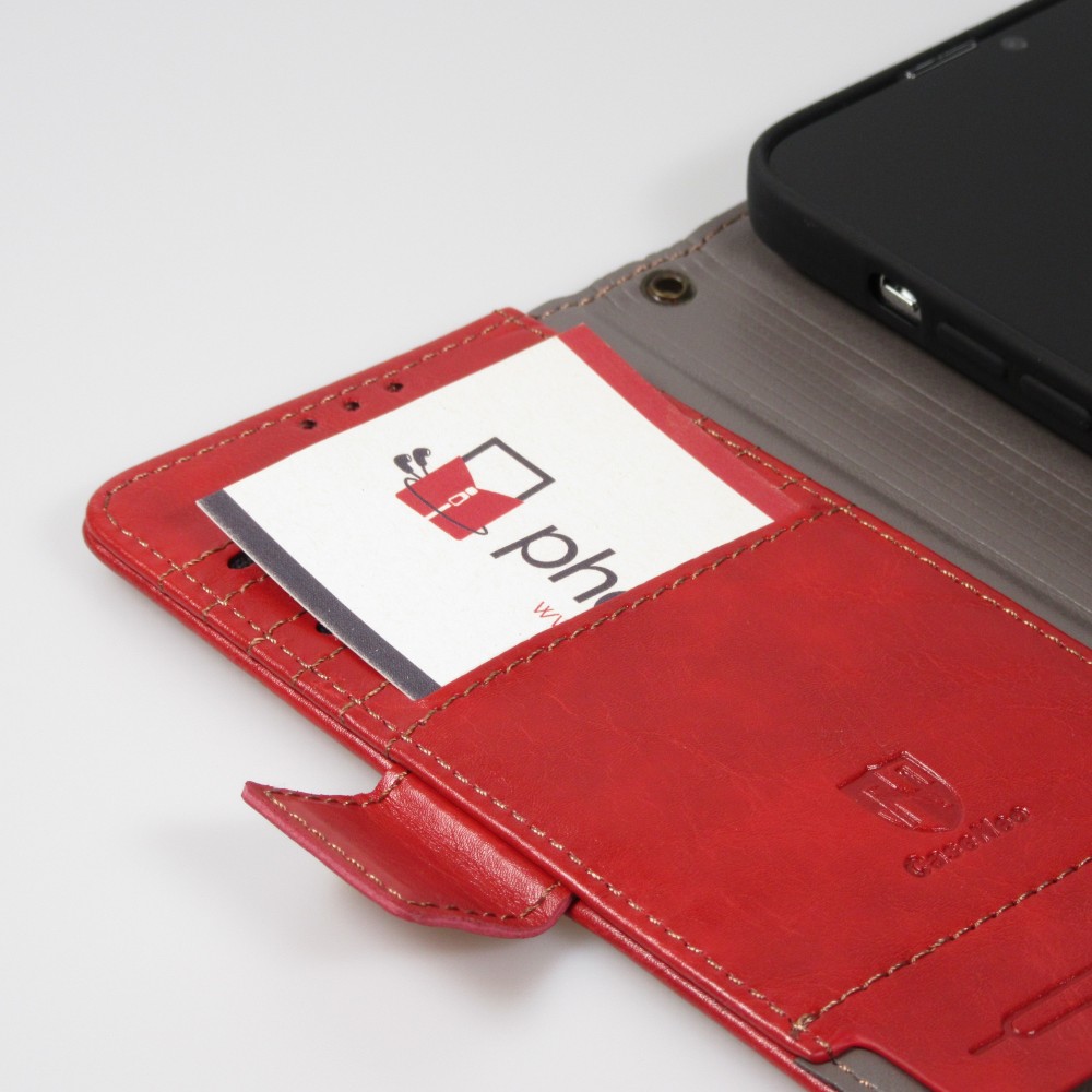 Etui cuir iPhone 13 Pro - Flip Wallet en cuir véritable avec stripe design et compartiment à cartes - Rouge