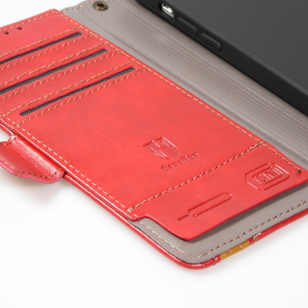 iPhone 13 Pro Leder Tasche - Flip Wallet Echtleder mit Akzentstreifen & Kartenhalter - Rot