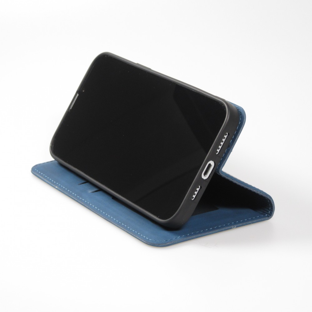 Etui cuir iPhone 13 Pro Max - Flip Wallet vintage avec fermeture aimantée et compartiment cartes - Bleu