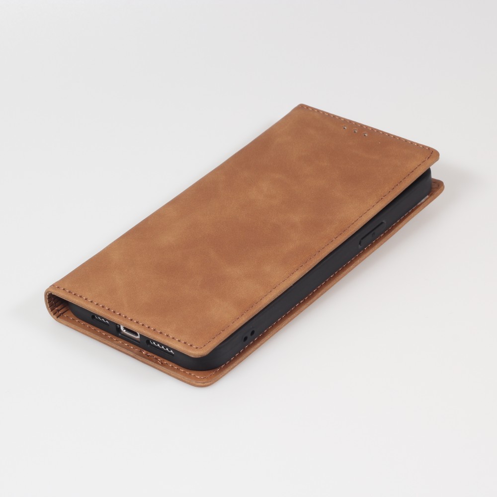 Etui cuir iPhone 13 Pro - Flip Wallet vintage avec fermeture aimantée et compartiment cartes - Brun