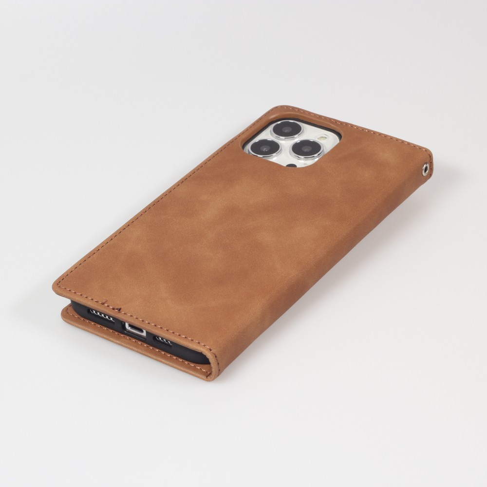 Etui cuir iPhone 13 Pro Max - Flip Wallet vintage avec fermeture aimantée et compartiment cartes - Brun