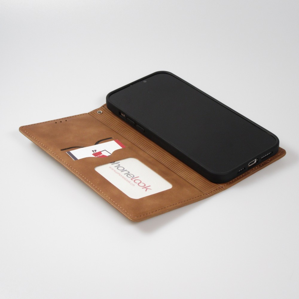 Etui cuir iPhone 13 Pro Max - Flip Wallet vintage avec fermeture aimantée et compartiment cartes - Brun