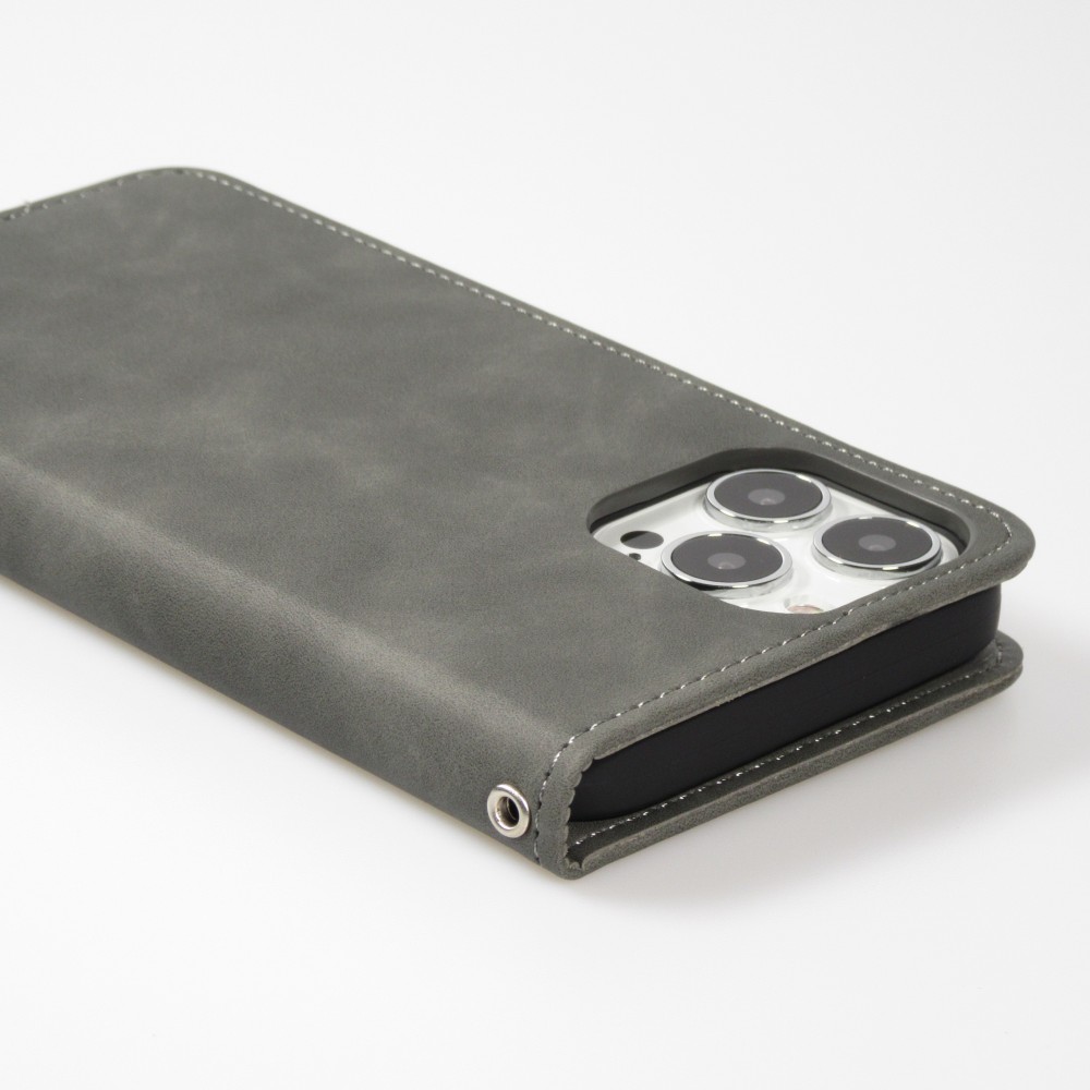 Etui cuir iPhone 13 Pro Max - Flip Wallet vintage avec fermeture aimantée et compartiment cartes - Gris