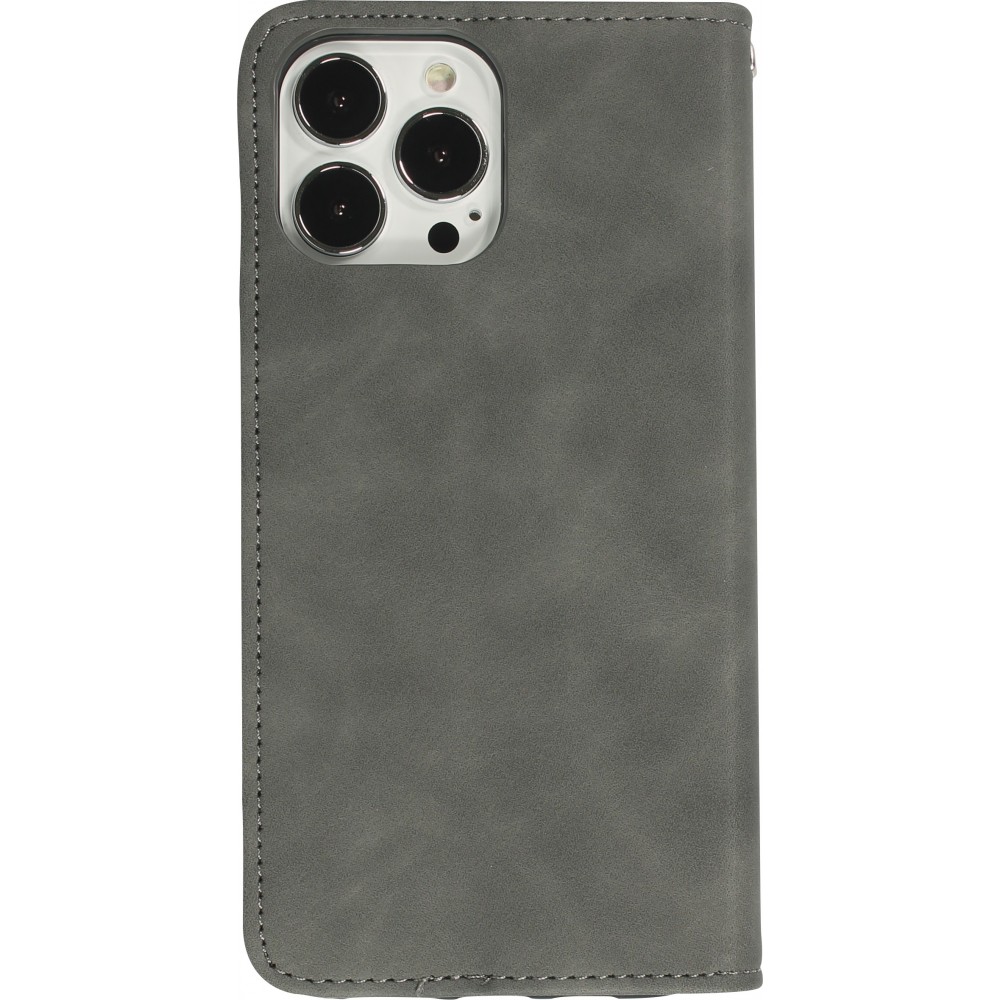 Etui cuir iPhone 13 Pro Max - Flip Wallet vintage avec fermeture aimantée et compartiment cartes - Gris