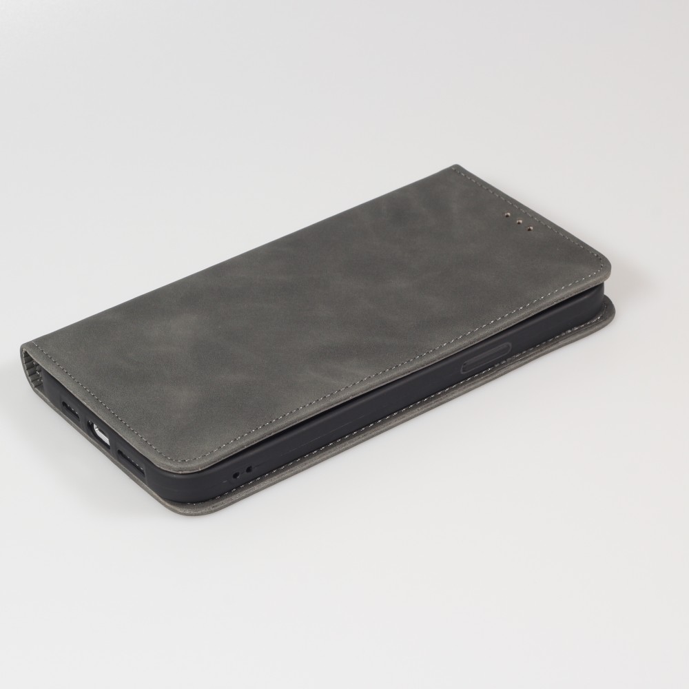 Etui cuir iPhone 13 Pro Max - Flip Wallet vintage avec fermeture aimantée et compartiment cartes - Gris