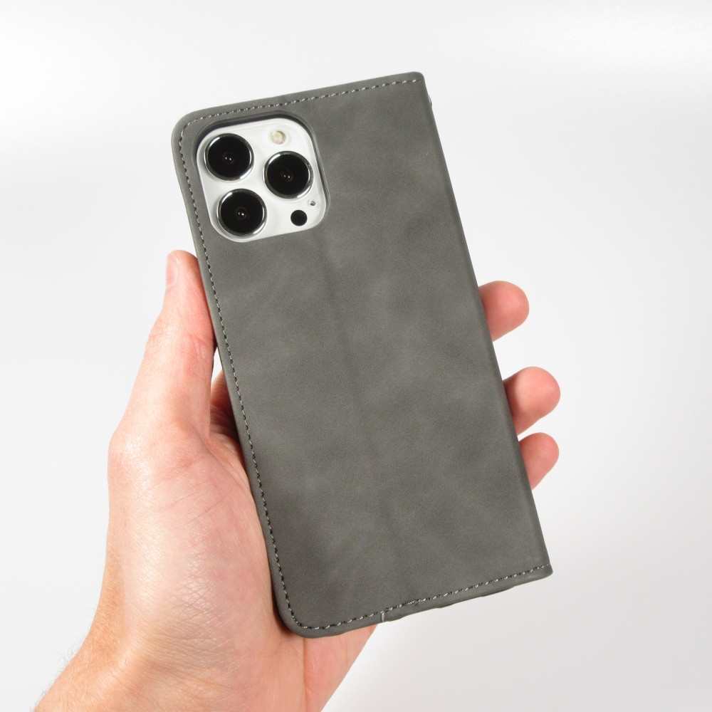 Leder Tasche Case iPhone 13 Pro Max - Flip Wallet vintage mit Magnetverschluss und Kartenhalter - Grau