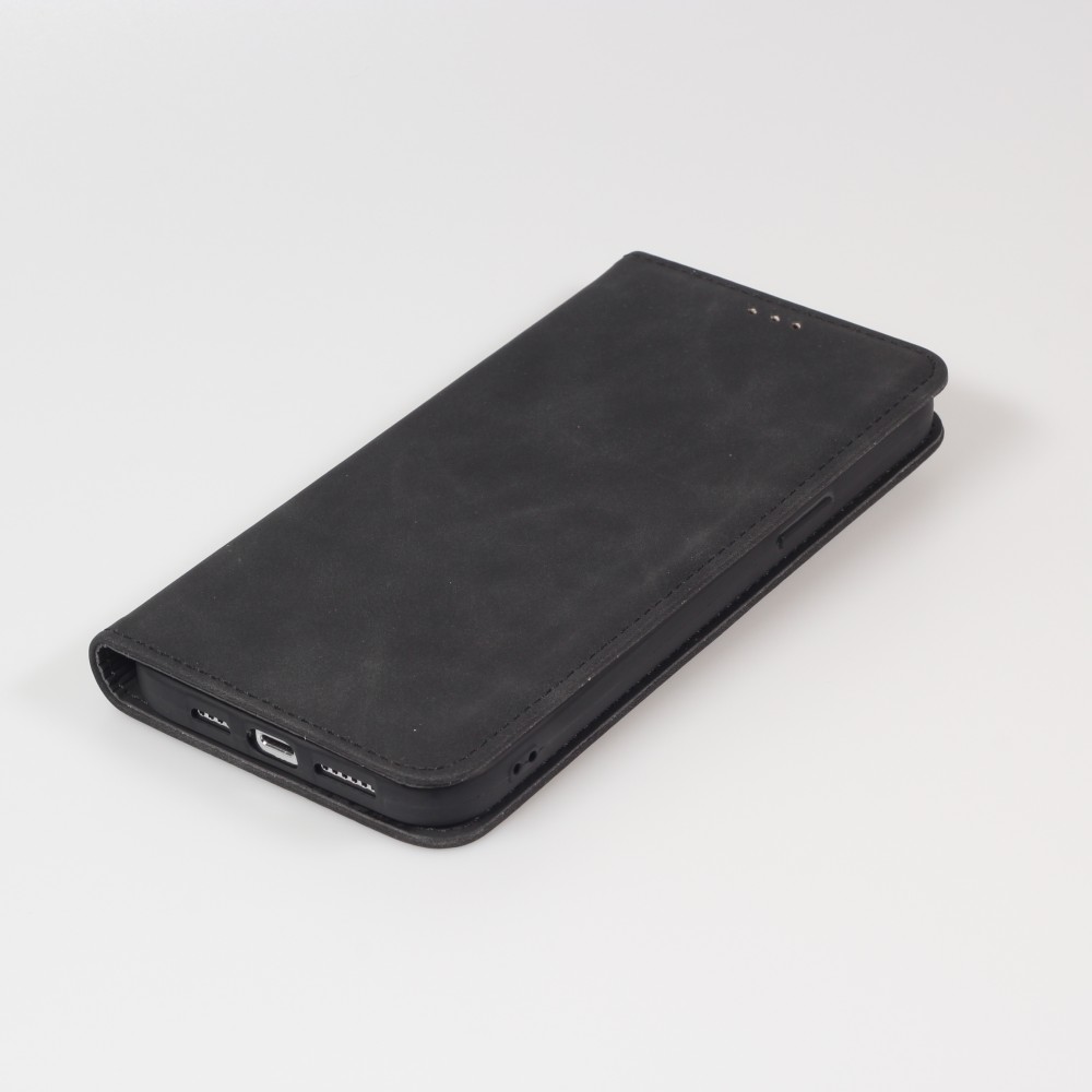 iPhone 13 Pro Max Leder Tasche - Flip Wallet vintage mit Magnetverschluss und Kartenhalter - Schwarz