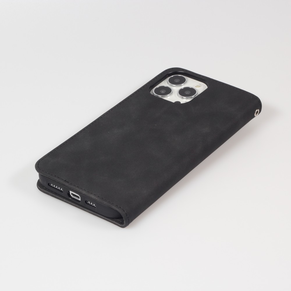 iPhone 13 Pro Max Leder Tasche - Flip Wallet vintage mit Magnetverschluss und Kartenhalter - Schwarz