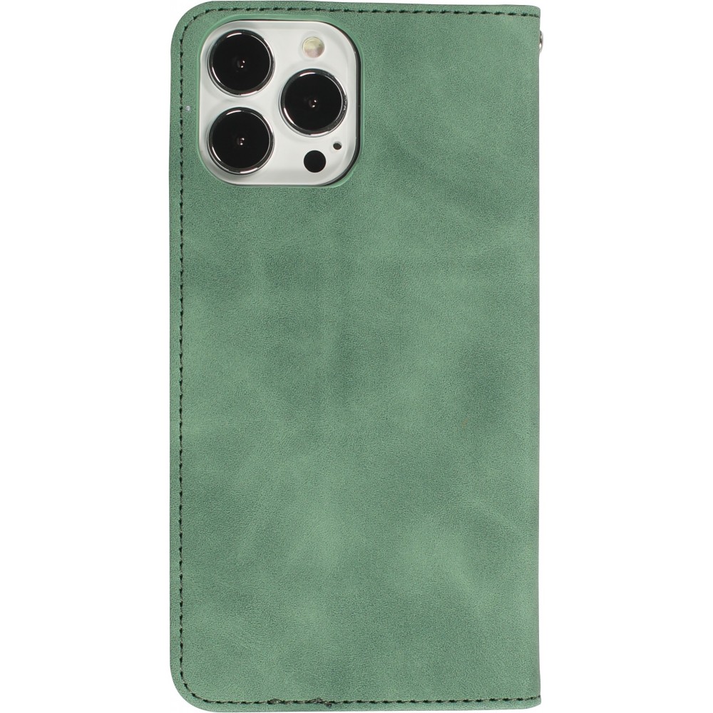 Etui cuir iPhone 13 Pro Max - Flip Wallet vintage avec fermeture aimantée et compartiment cartes - Vert foncé