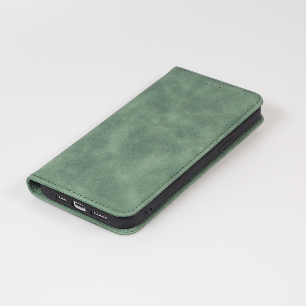 Etui cuir iPhone 13 Pro Max - Flip Wallet vintage avec fermeture aimantée et compartiment cartes - Vert foncé