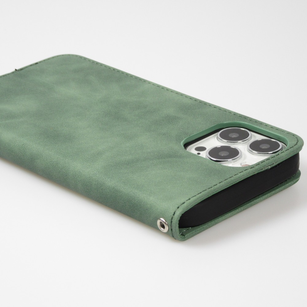 Etui cuir iPhone 13 Pro Max - Flip Wallet vintage avec fermeture aimantée et compartiment cartes - Vert foncé