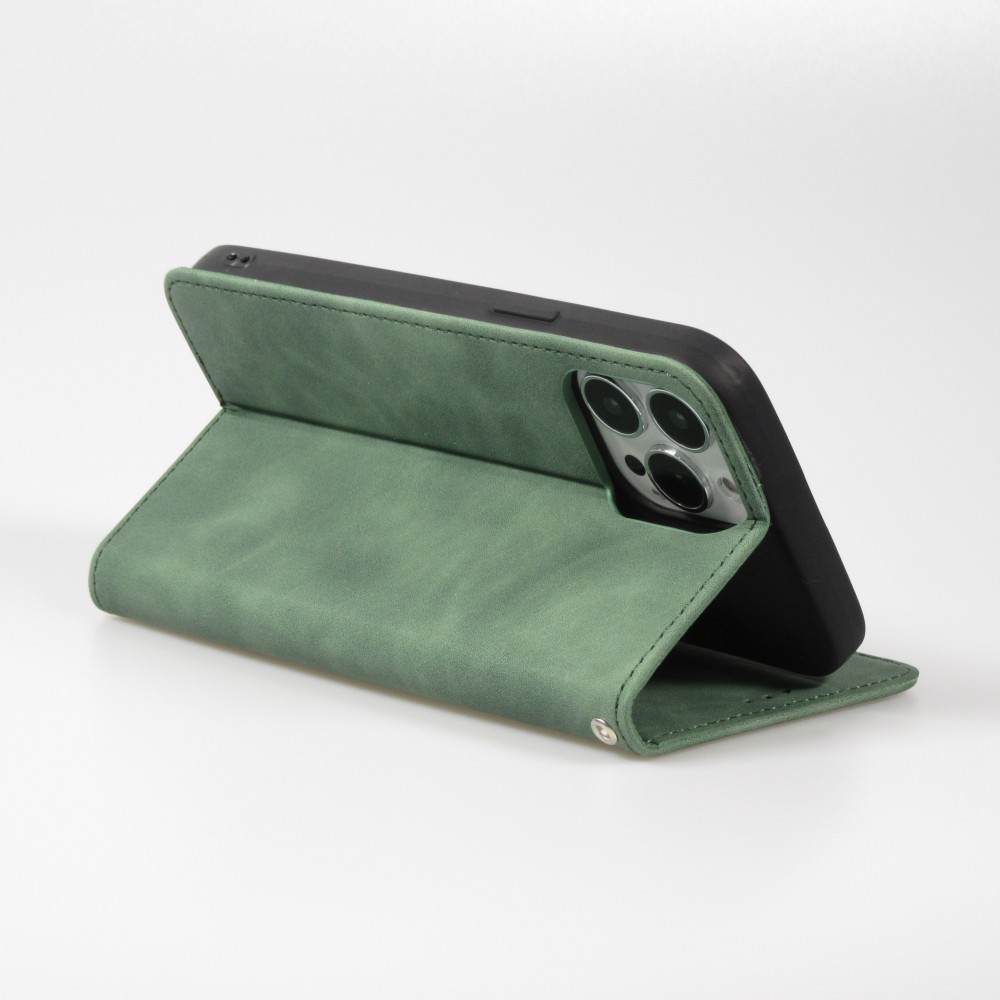 Etui cuir iPhone 13 Pro Max - Flip Wallet vintage avec fermeture aimantée et compartiment cartes - Vert foncé