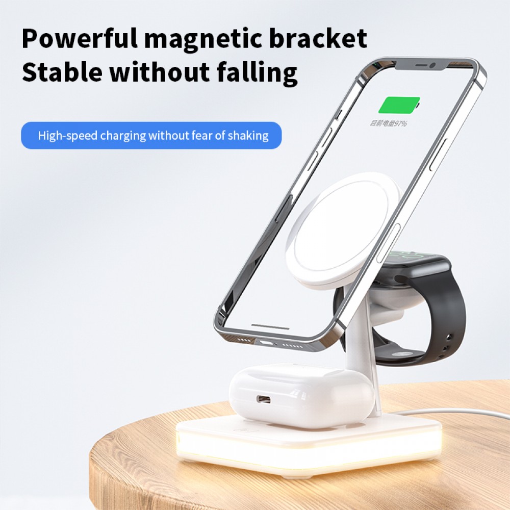 Fast Charge 4 in 1 Wireless Ladestation inkl. MagSafe + LED Licht - Weiss