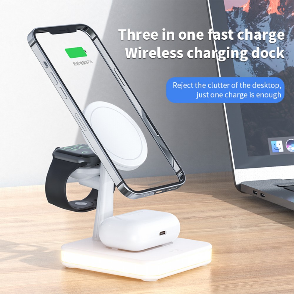 Fast Charge 4 in 1 Wireless Ladestation inkl. MagSafe + LED Licht - Weiss