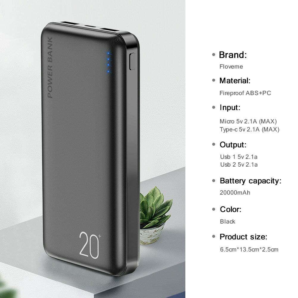 Floveme batterie externe 20000mAh Power Bank double USB 2.1A - Noir