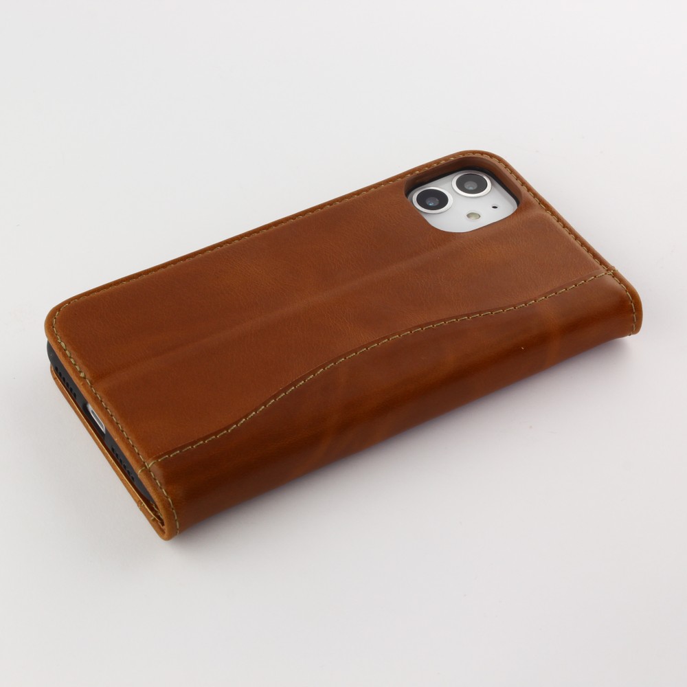 Fourre iPhone 13 - Flip Fierre Shann cuir véritable - Brun