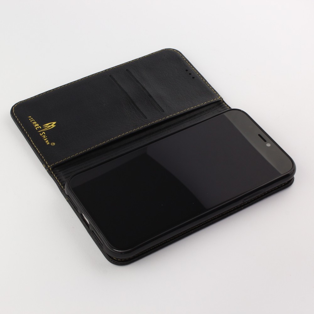 Fourre iPhone XR - Flip Fierre Shann cuir véritable - Noir