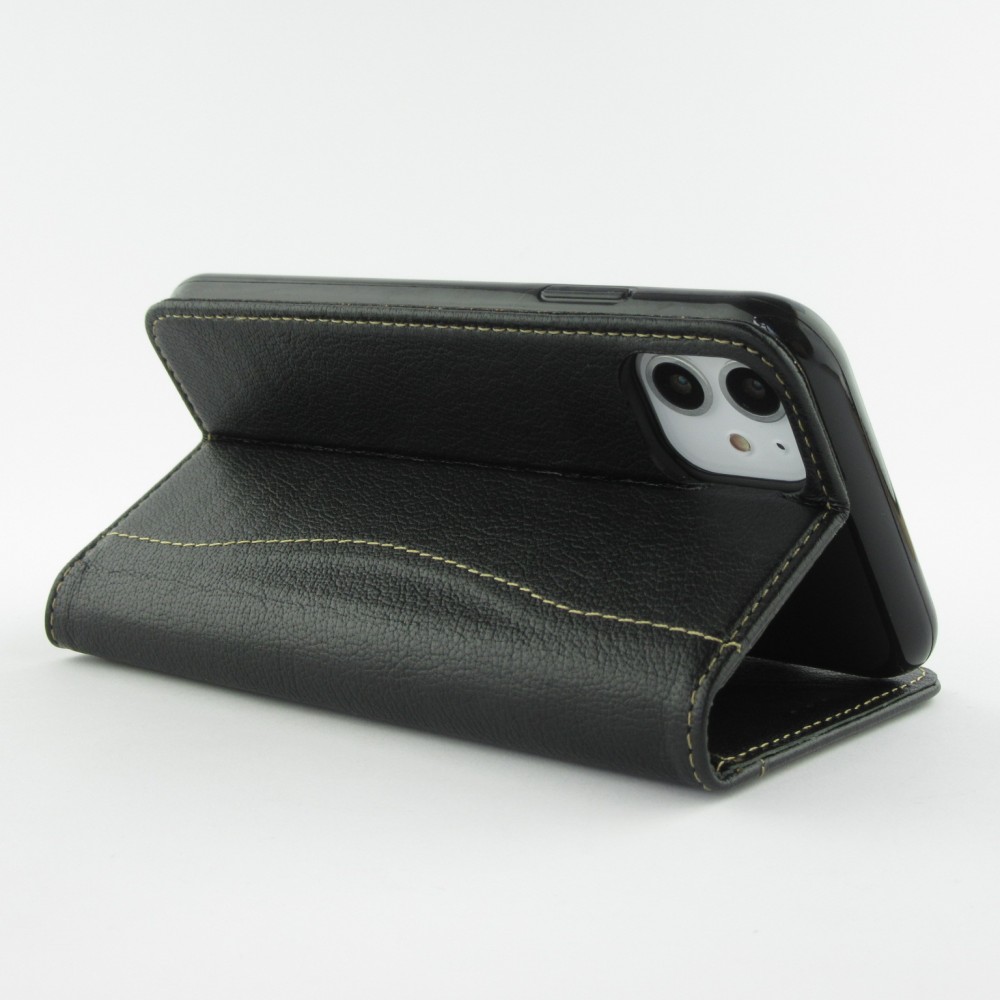 Fourre iPhone 12 mini - Flip Fierre Shann cuir véritable - Noir