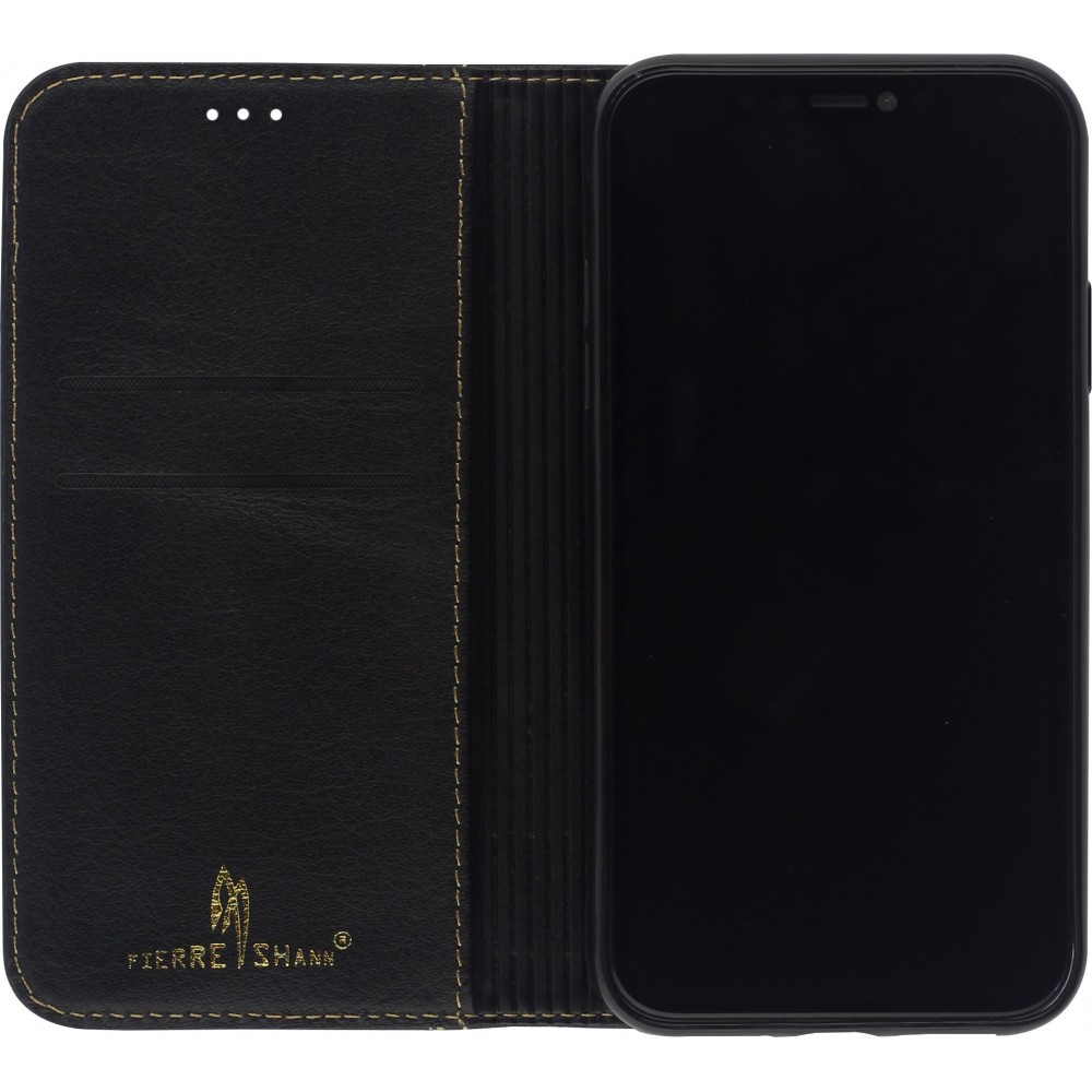 Fourre iPhone 12 mini - Flip Fierre Shann cuir véritable - Noir