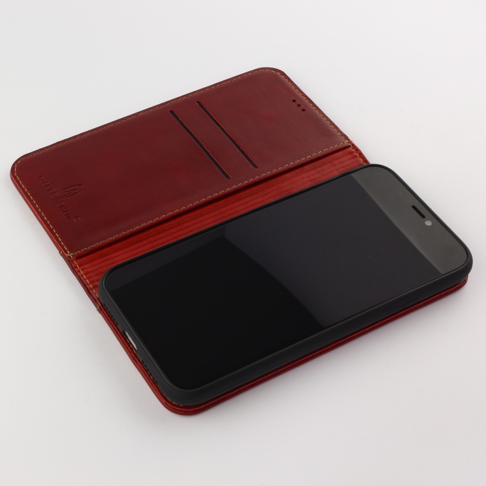 Fourre iPhone XR - Flip Fierre Shann cuir véritable - Rouge