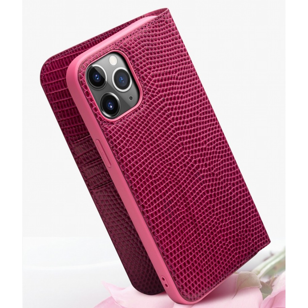 Hülle iPhone 12 mini - Qialino Croco Flip Echtleder - Rosa