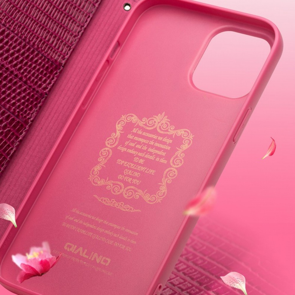 Fourre iPhone 12 mini - Flip Croco Qialino cuir véritable - Rose