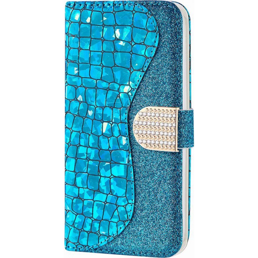 Fourre iPhone 13 - Flip Croco Strass  - Bleu