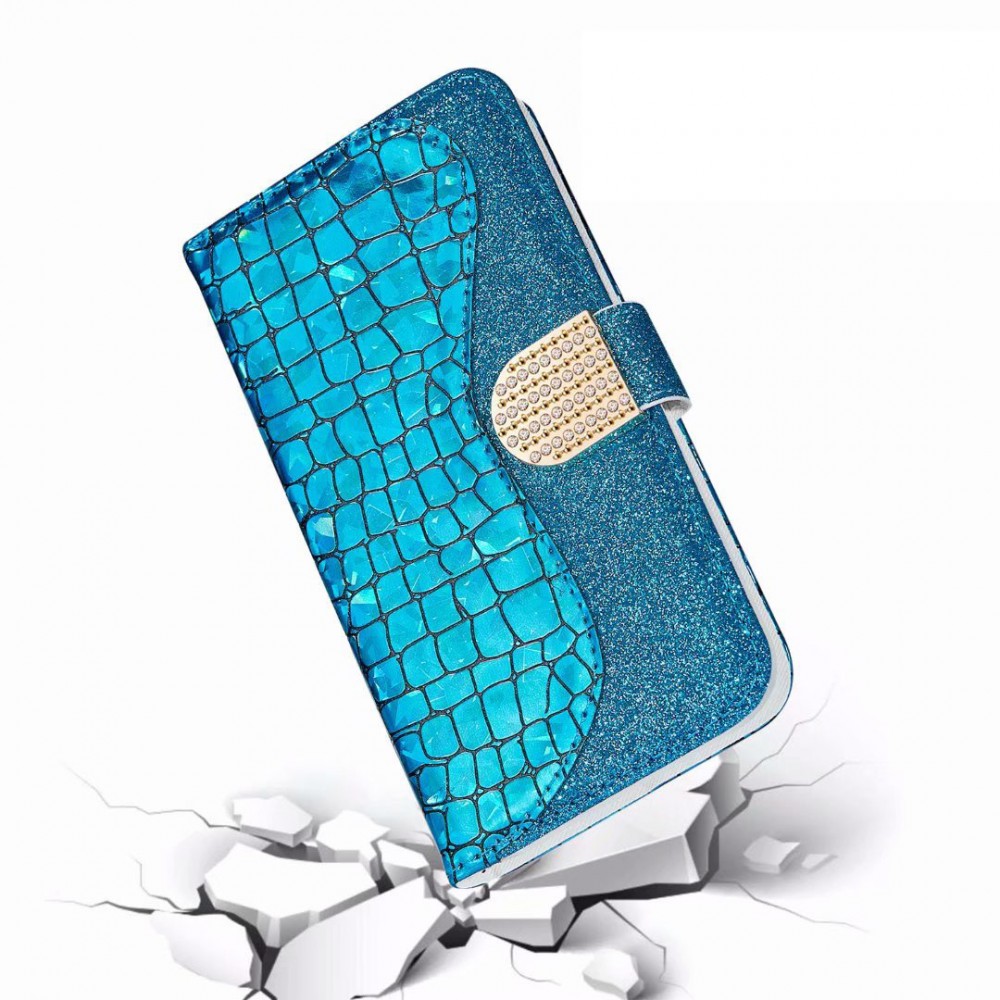 Fourre iPhone 12 / 12 Pro - Flip Croco Strass  - Bleu