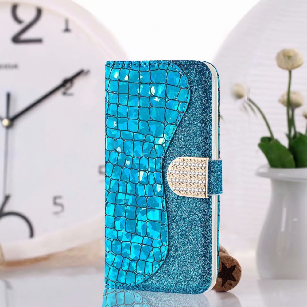 Fourre iPhone 13 - Flip Croco Strass  - Bleu