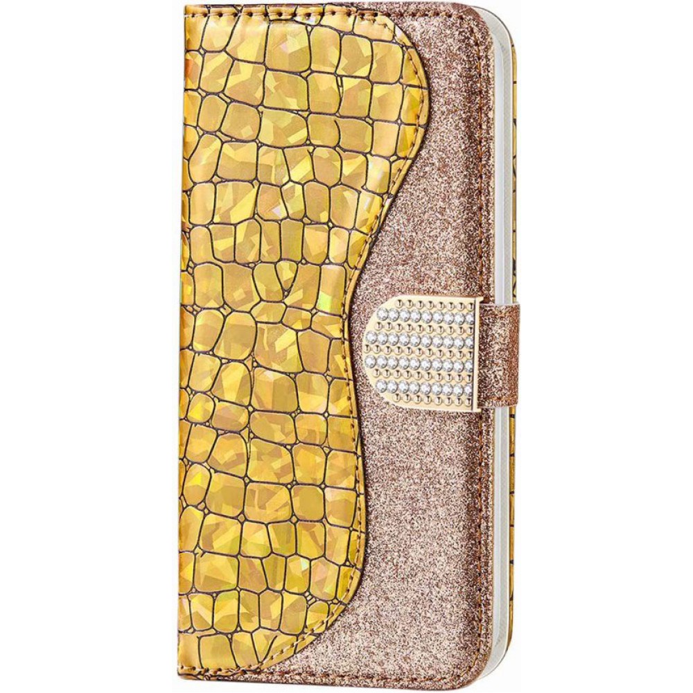 Hülle iPhone 13 Pro Max - Flip Croco Strass  - Gold