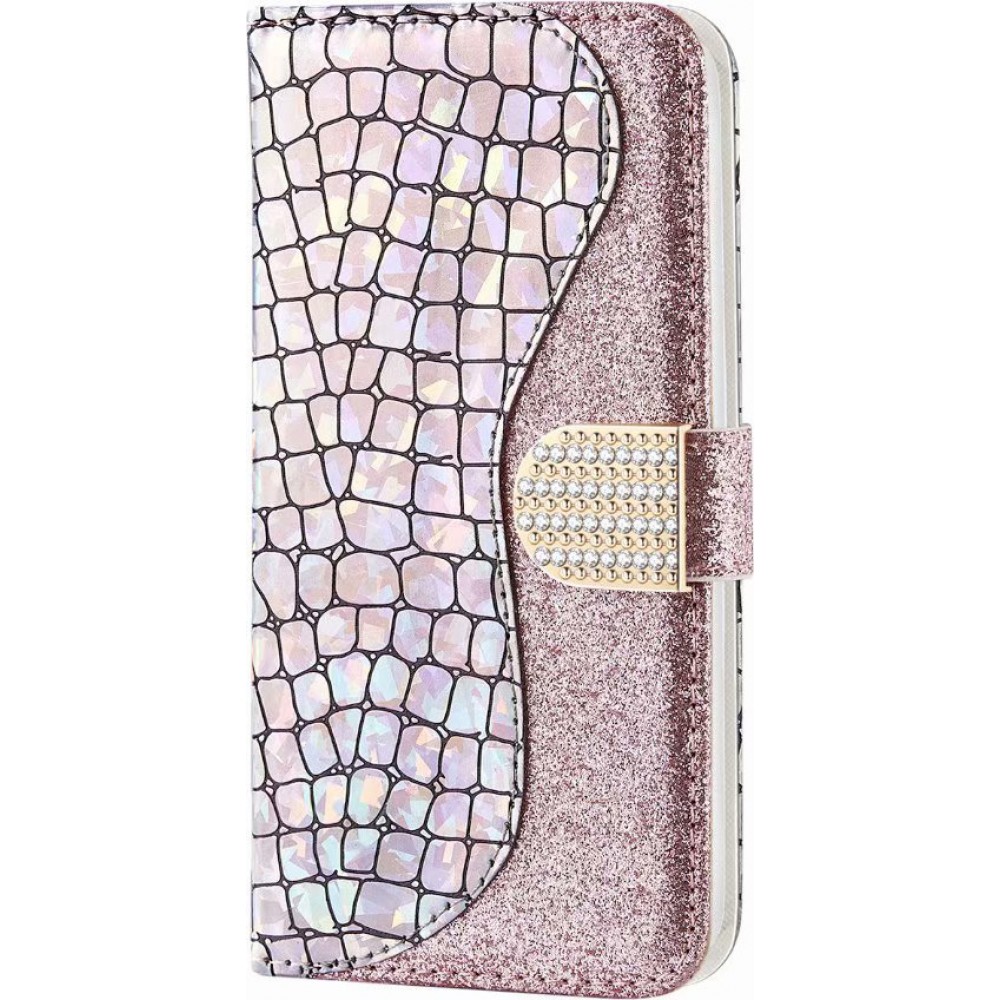 Hülle iPhone 13 Pro Max - Flip Croco Strass  - Rosa