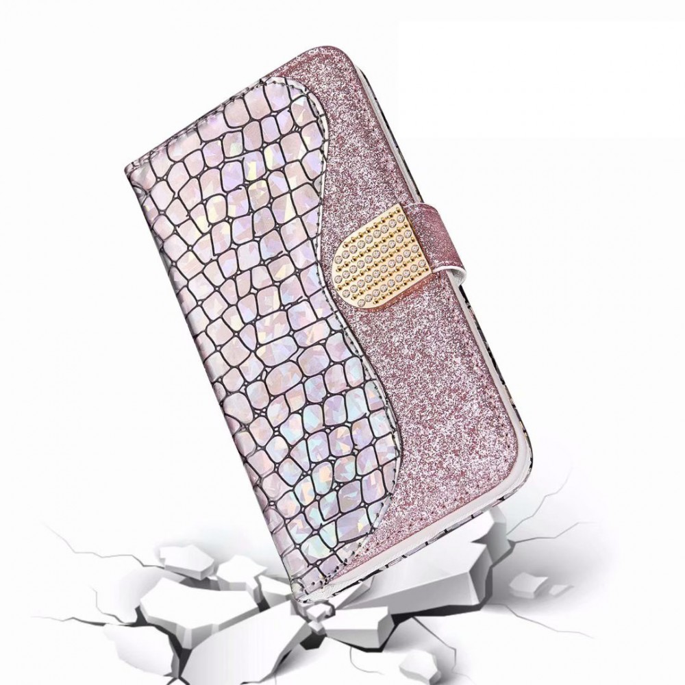 Hülle iPhone XR - Flip Croco Strass  - Rosa