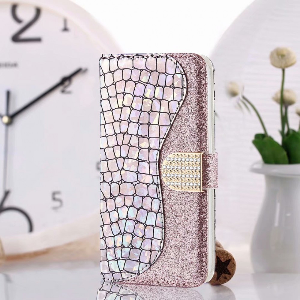 Hülle iPhone 13 Pro Max - Flip Croco Strass  - Rosa