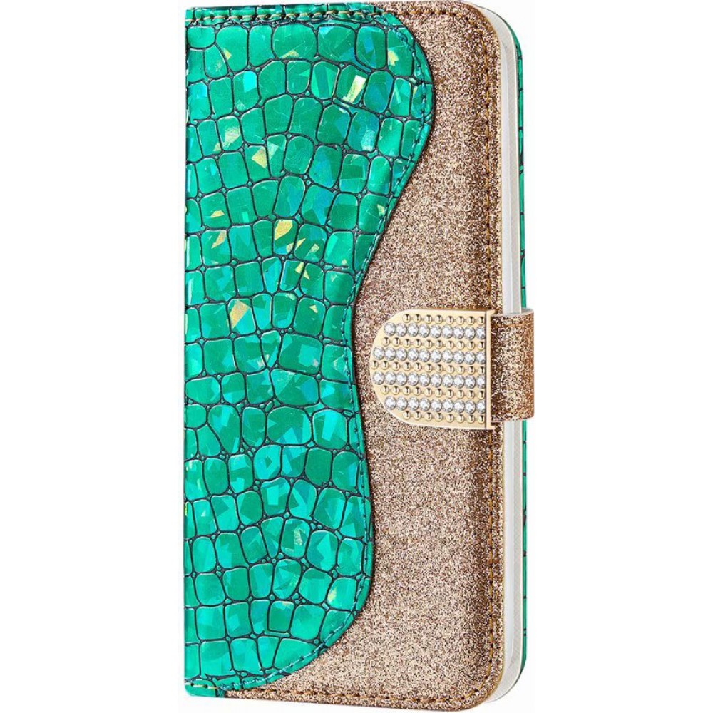 Hülle iPhone 13 - Flip Croco Strass  grün