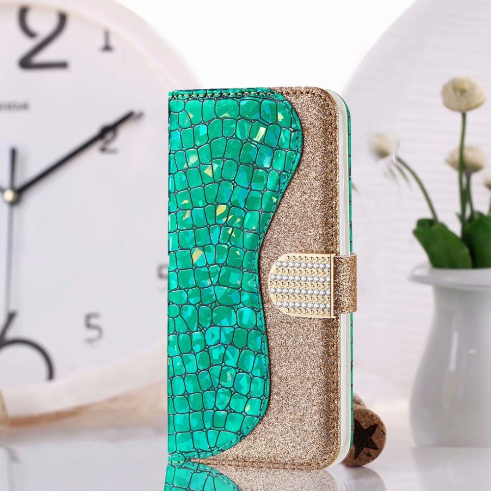 Fourre iPhone 11 - Flip Croco Strass  - Vert