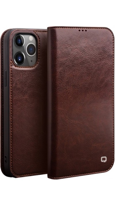 Fourre iPhone 12 / 12 Pro - Flip Qialino cuir véritable - Brun