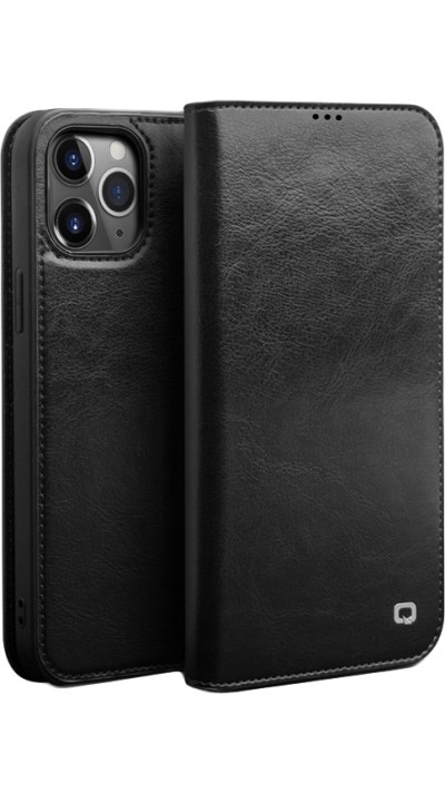 Fourre iPhone 12 mini - Flip Qialino cuir véritable - Noir