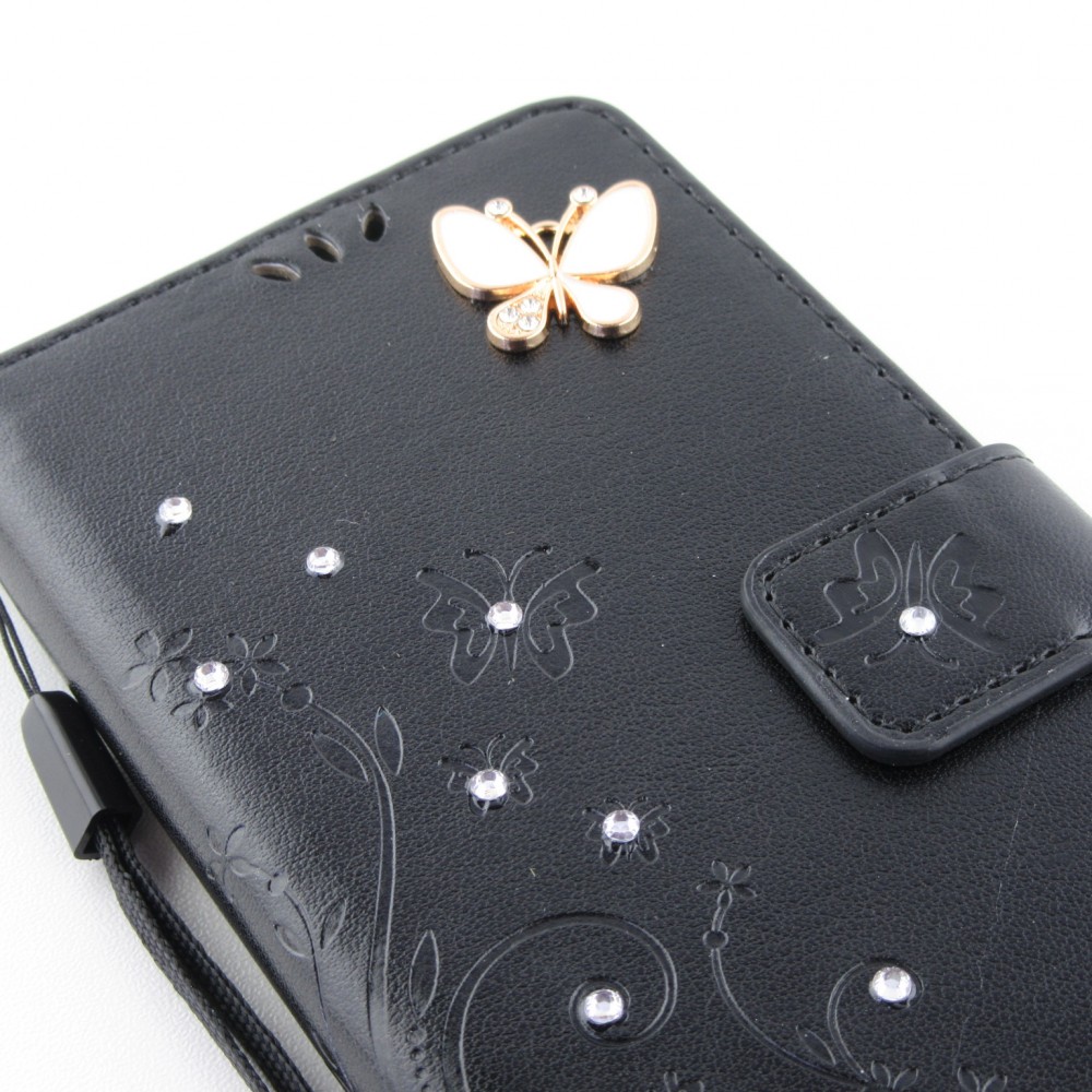 Fourre iPhone 12 / 12 Pro - Flip papillon Strass - Noir