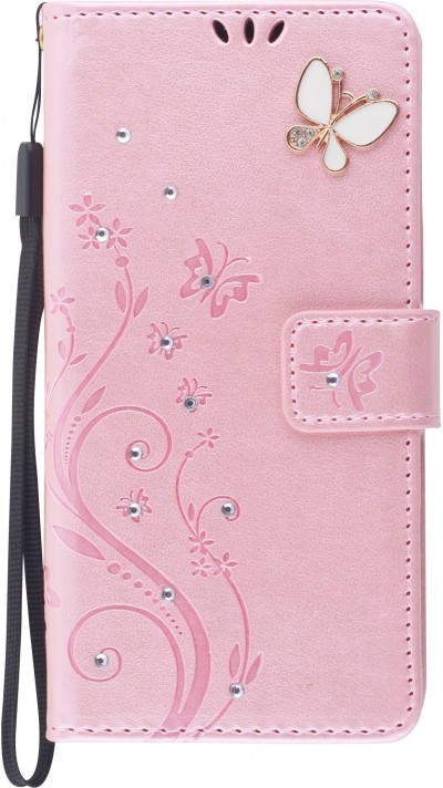 Fourre iPhone 12 / 12 Pro - Flip papillon Strass - Rose