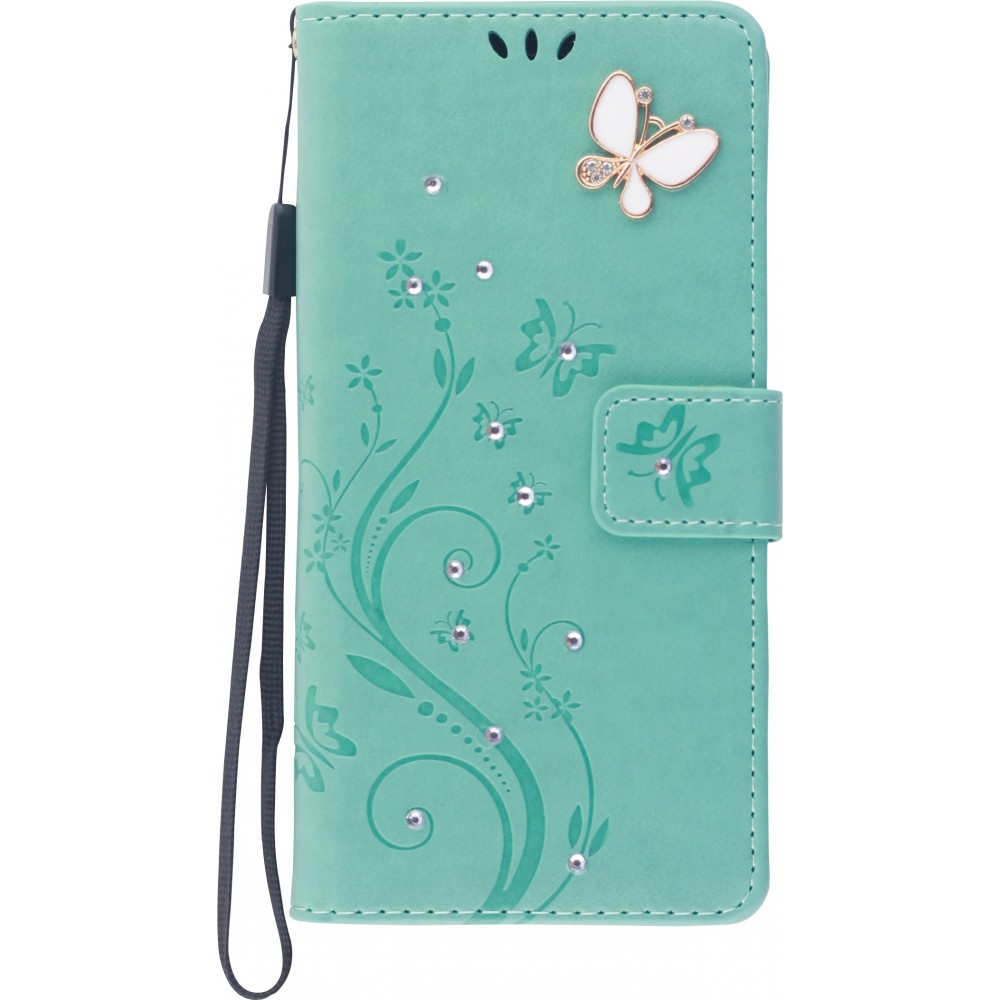 Fourre iPhone 12 / 12 Pro - Flip papillon Strass - Turquoise