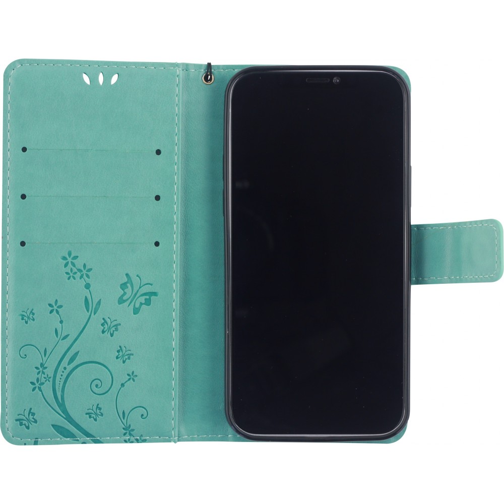 Fourre iPhone 12 / 12 Pro - Flip papillon Strass - Turquoise