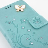 Fourre iPhone 12 / 12 Pro - Flip papillon Strass - Turquoise