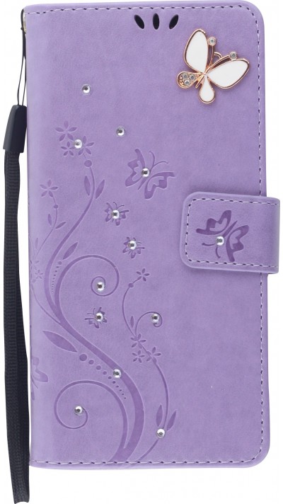 Hülle iPhone 12 / 12 Pro - Flip Schmetterling Strass - Violett