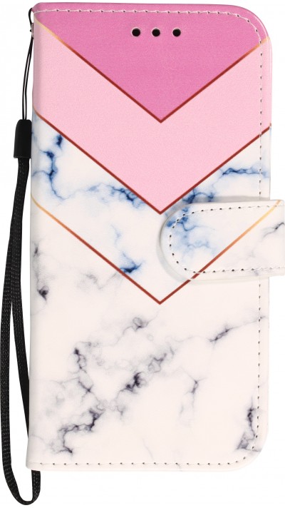 Fourre iPhone 12 / 12 Pro - Flip triangles rose marble bleu - Blanc