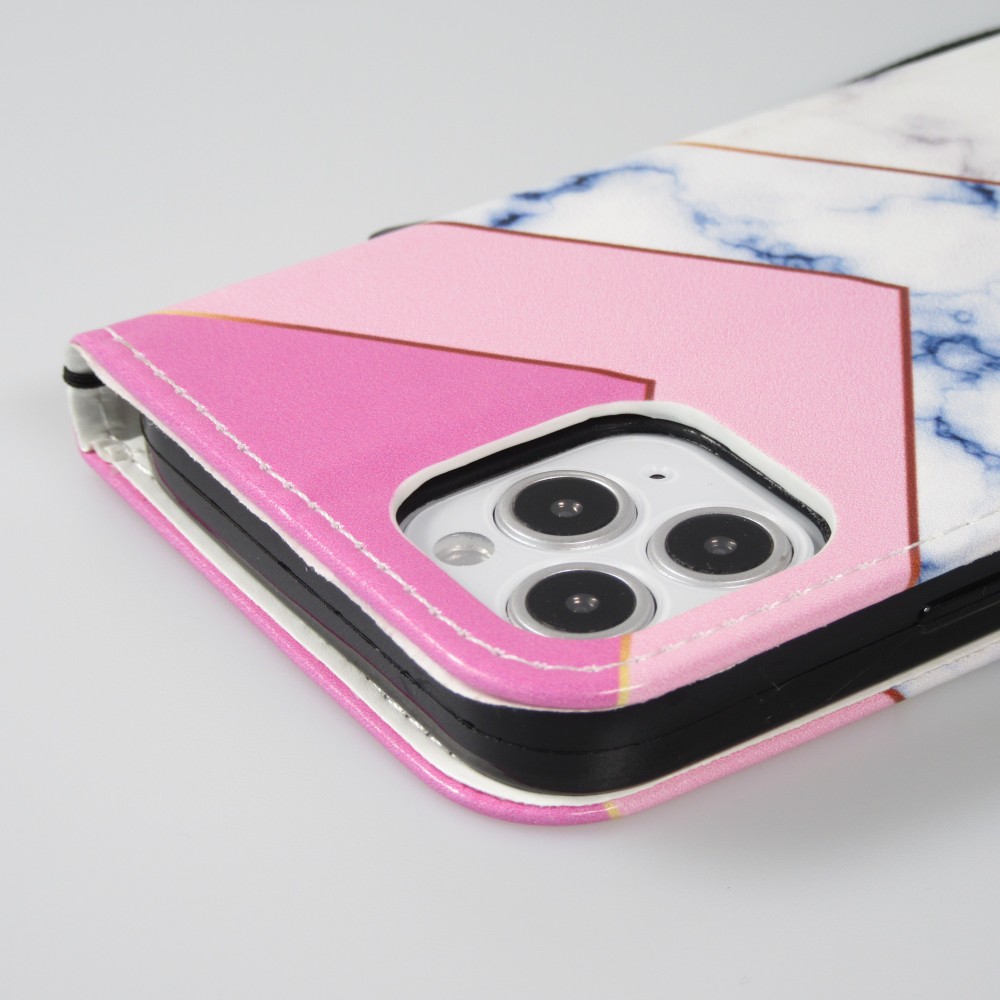 Fourre iPhone 11 - Flip triangles rose marble bleu - Blanc