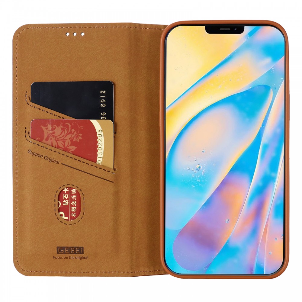 Fourre iPhone 12 / 12 Pro - GEBEi Kala séries luxe en cuir véritable, porte-cartes, support vidéo - Brun