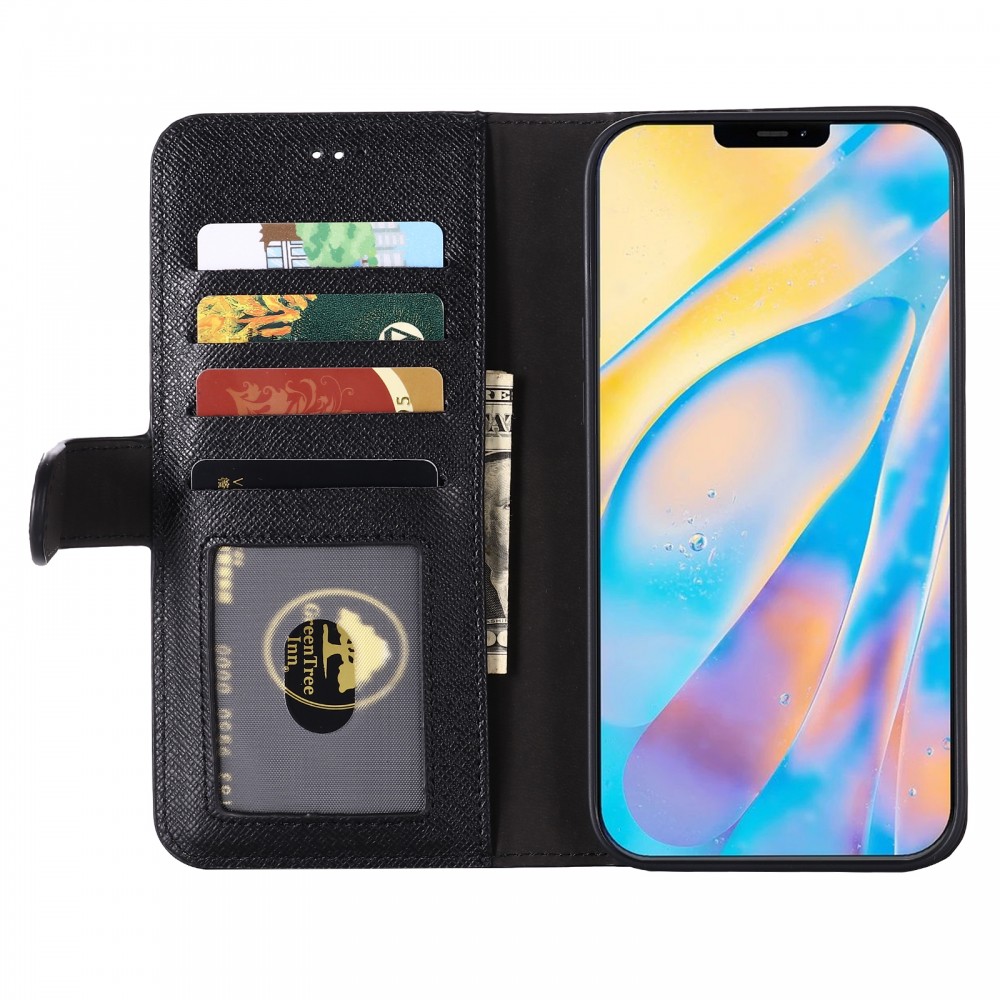 iPhone 12 / 12 Pro Case Hülle - GEBEi Yaqi series Luxus, Echtleder, Kartenhalter, Videohalter - Schwarz