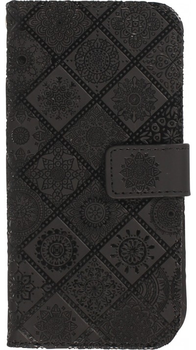 Fourre iPhone 13 Pro - Premium Flip Wallet caoutchouc motif oriental avec fermeture aimantée - Noir