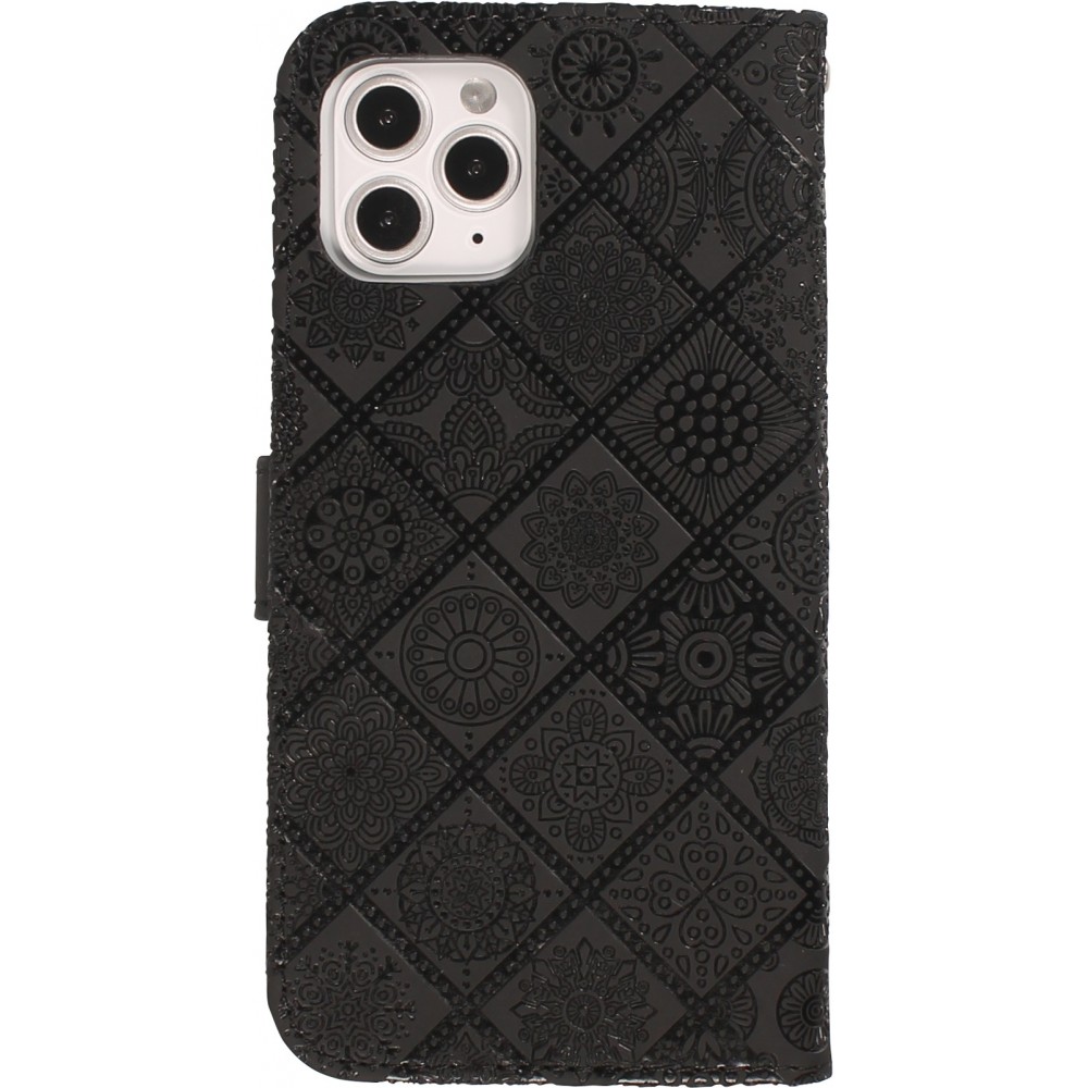 iPhone 12 / 12 Pro Case Hülle - Premium Flip Wallet Kautschuk oriental Muster mit Magnetverschluss - Schwarz