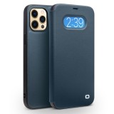 Fourre iPhone 12 / 12 Pro - Qialino Window Flip cuir véritable - Bleu